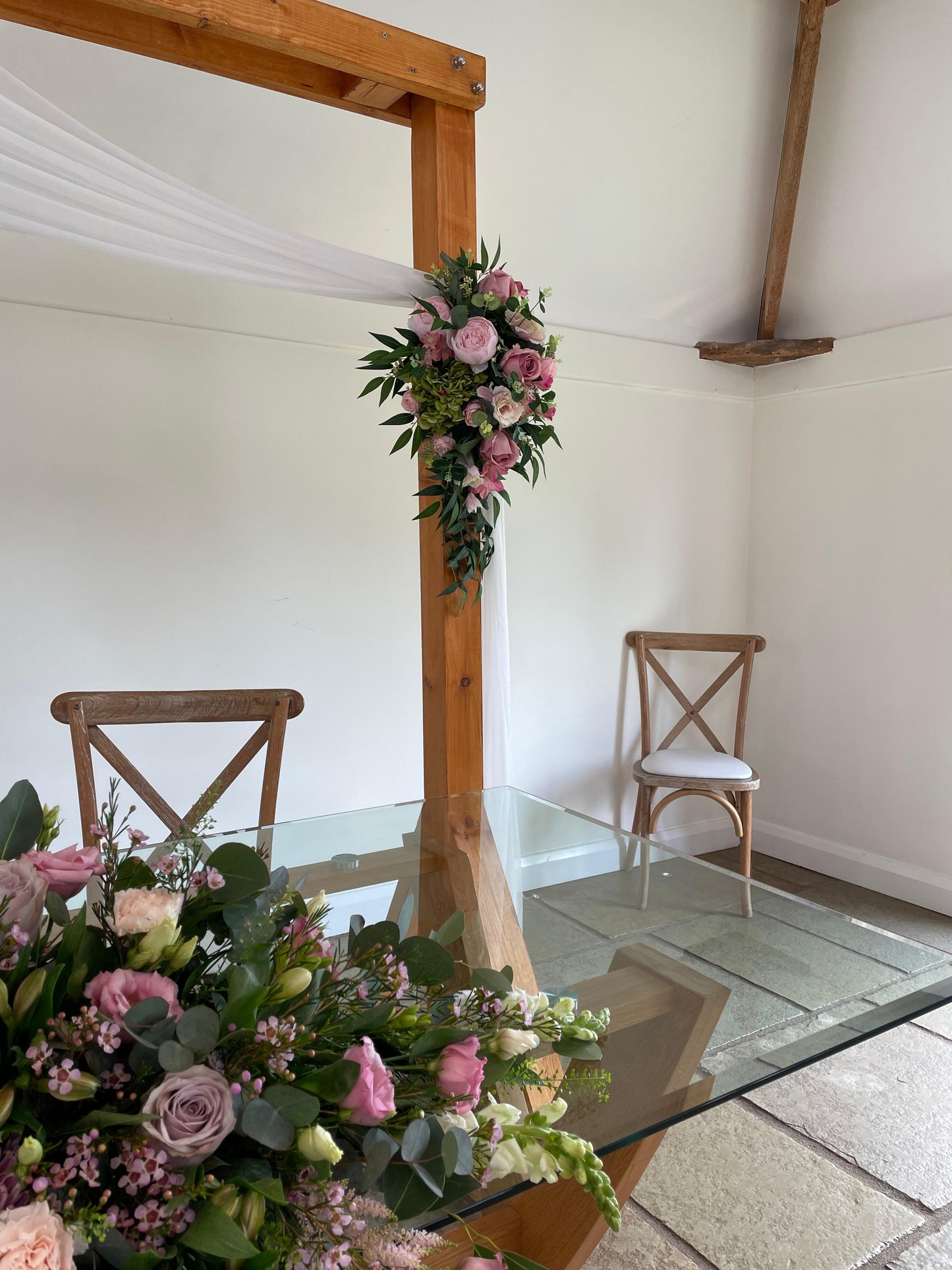 Pink Dream Rustic Arch, Florals & Chiffon (TO HIRE)